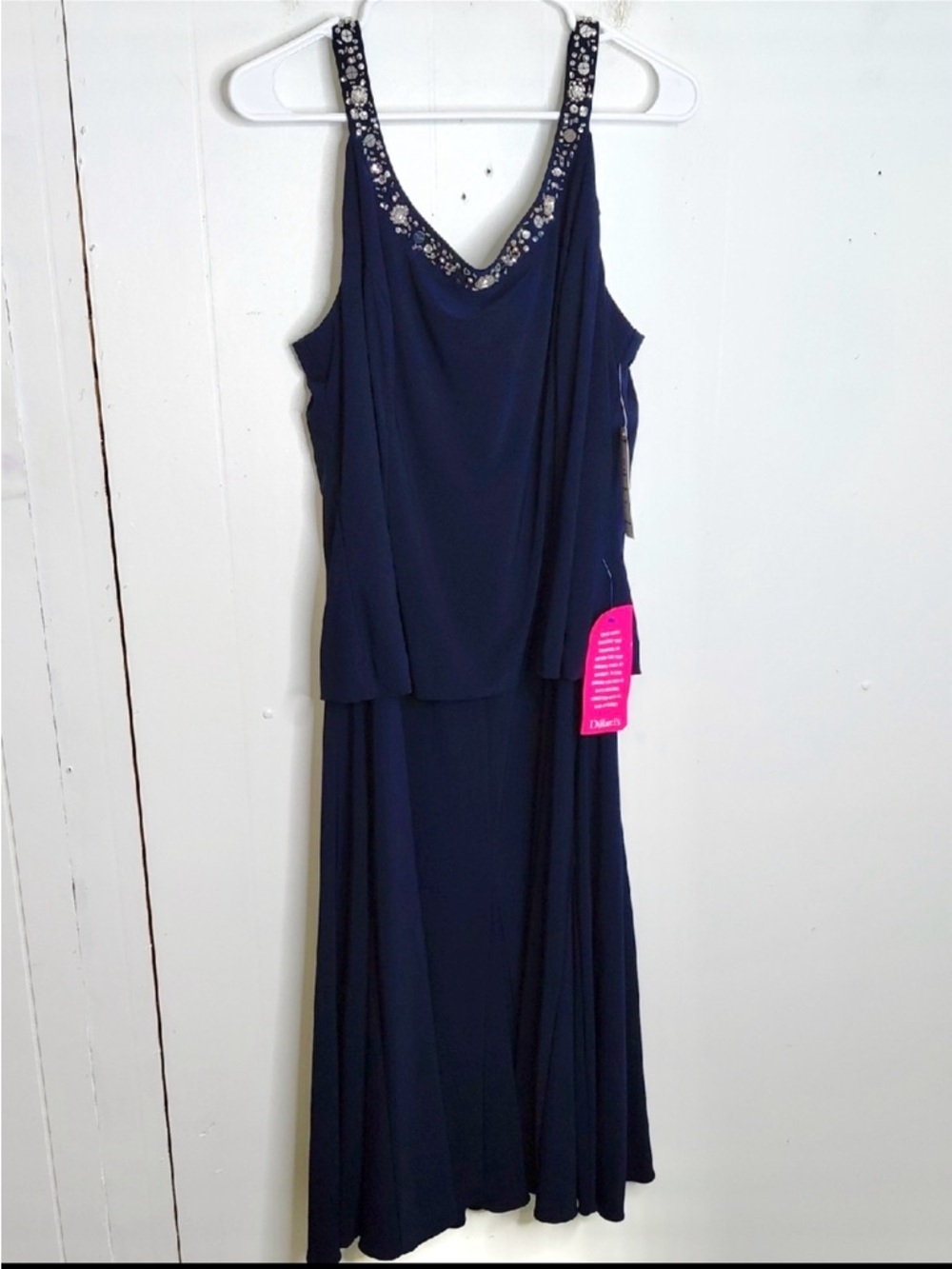 Alex Evenings Dress Womens 16 Navy Beaded V Neck Mother Of the Bride Draped New